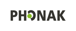 phonak's logo, black capitalised font with green filled circle exiting the letter "O"